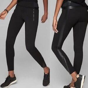 Athleta Sienna Ponte Faux Leather Trim Ankle Zip Moto Leggings Sz 6 Black